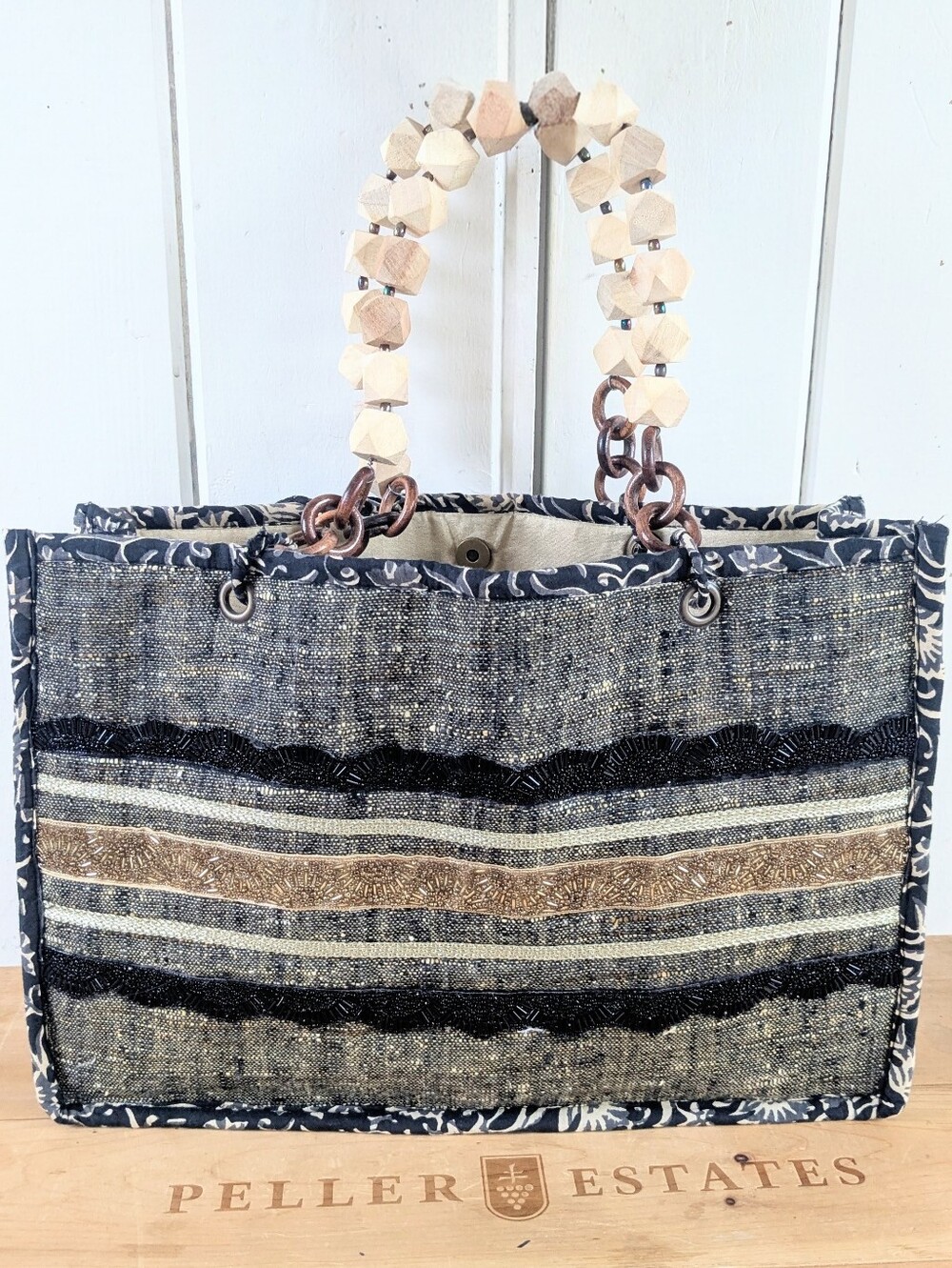 Handcrafted Beaded/Crochet Tote with Wood Bead Handle NWT